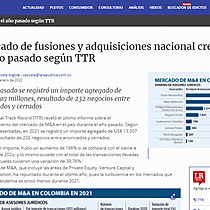 Mercado de fusiones y adquisiciones nacional creci 40% el ao pasado segn TTR